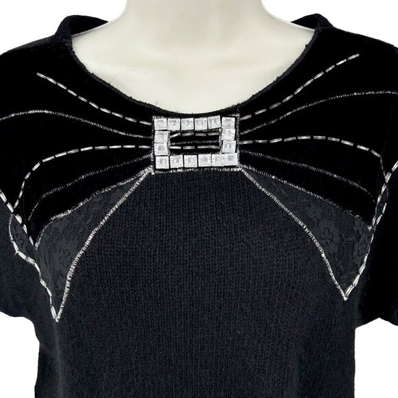 VINTAGE SML SPORT ANGORA RHINESTONE BOW DESIGN CAP SLEEVE SWEATER - M - Picture 2 of 4